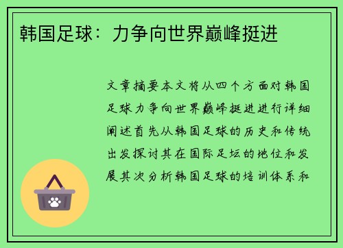 韩国足球：力争向世界巅峰挺进